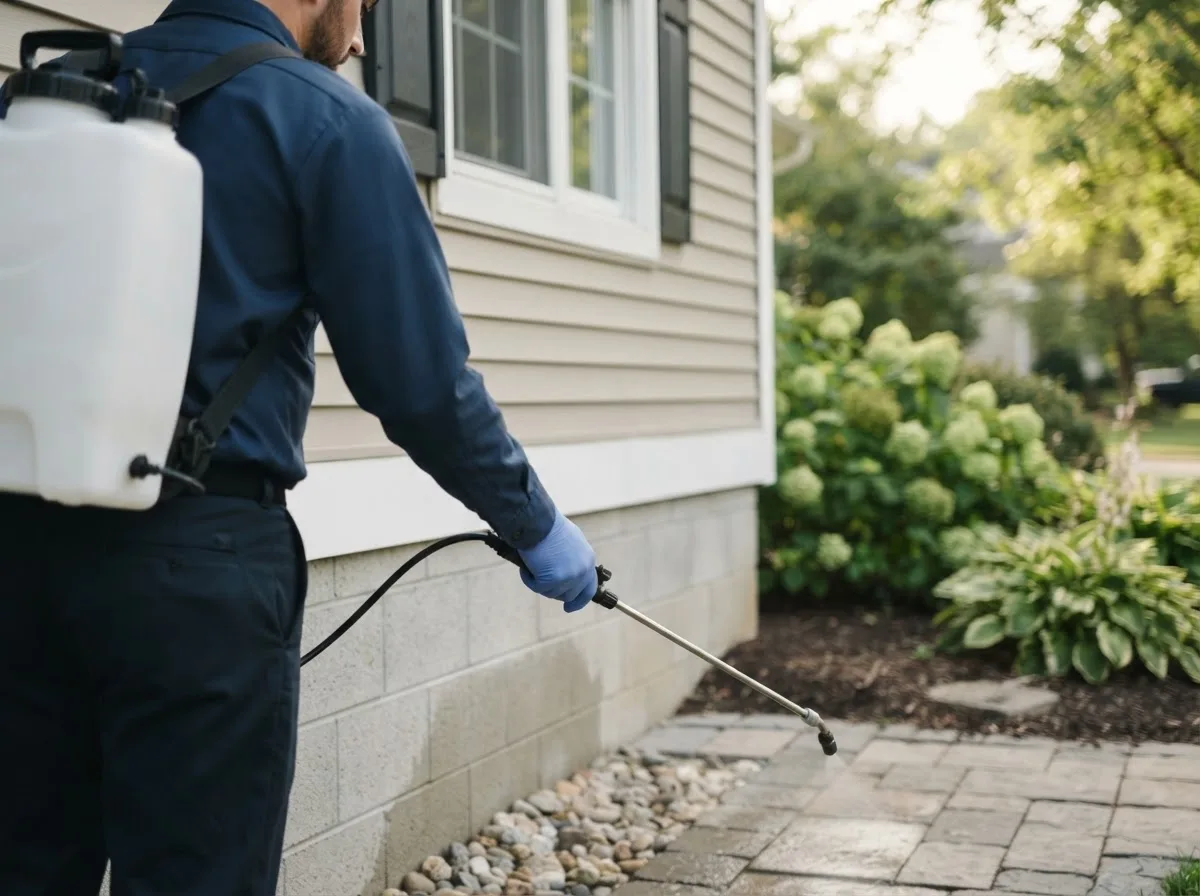 Pest control technician inspecting a home in Bangs, TX